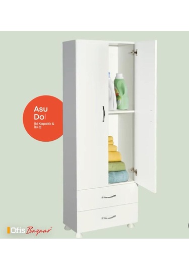Çok Amaçlı Banyo Dolabı - 2 Kapaklı , 2 Çekmekceli Dolap Beyaz