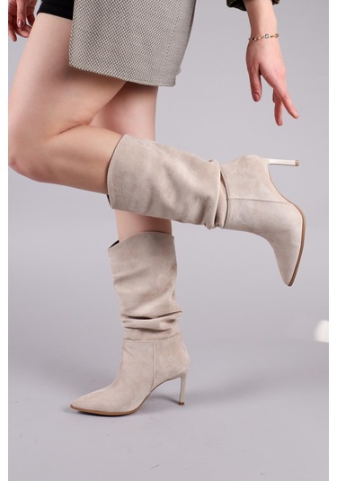 Arlon Büzgülü Çekme Topuklu Çizme Bej-8560 Bej