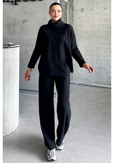 Modagen Kadın Selanik Kumaş Balıkçı Yaka Alt Üst Takım Siyah