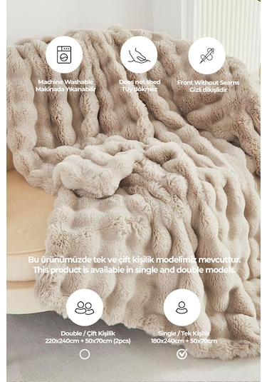 Kürk Yatak Örtüsü Seti Tek Kişilik Peluş Yumuşak Yorgan Wellsoft 2 Parça Loria Bej