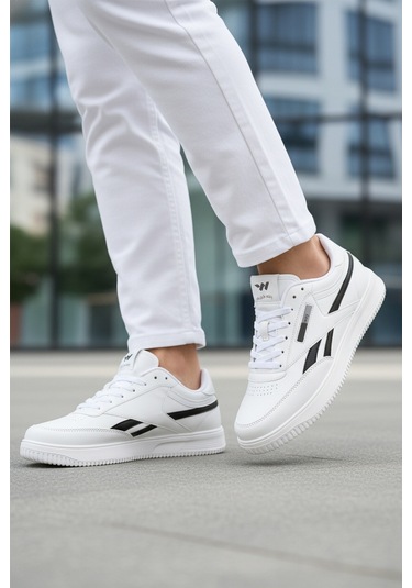 Beyaz Siyah Bağcıklı Hafif Cilt Erkek Spor Ayakkabı Marlow M Beyaz - Siyah