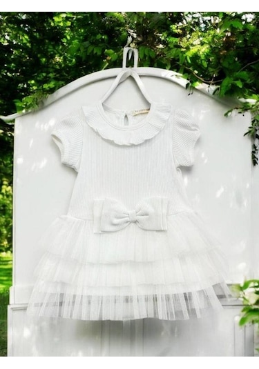 Zekids Kız Çocuk Fitilli Tütülü Elbise-14525 Beyaz