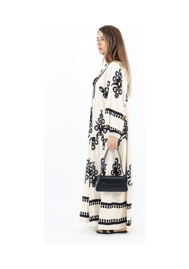 Prive Kadın Şal Desen Maksi Boy %100 Viskon Krem Siyah Uzun Elbise