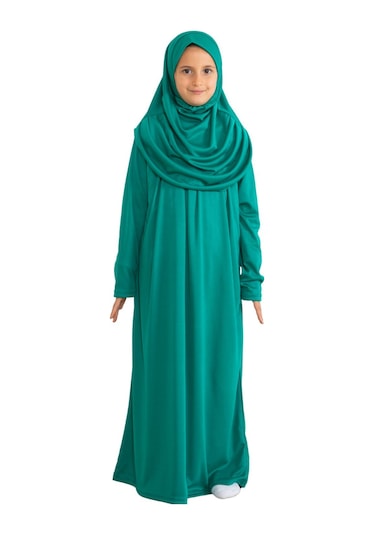 İki Parça Çocuk Elbisesi Seti Eşarp İle Takım Yeşil