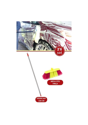 Profesyonel Mega Oto Fırçası Ve Krom Sap Seti, Otomobil Minibüs Otobüs Yıkama Fırça + Krom Sap 130cm