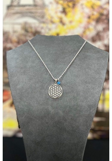 Gümüş Renk Kalın Zincir Nazar Boncuklu Çelik Hayat Ağacı Kolye 40