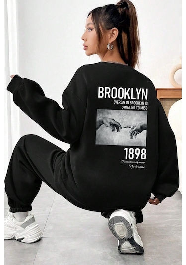 Uyguntarz Unisex 1898 Baskılı Bisiklet Yaka Eşofman Takımı Siyah