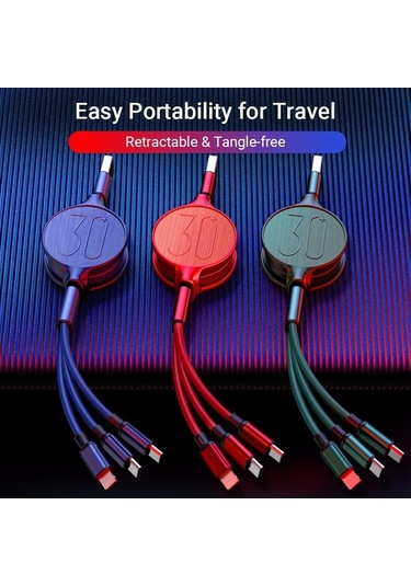 Sandwich Kırmızı 3.6ft Genişletilebilir 3 Cihazlı Şarj Kablosu Lightning Type-c Micro Usb 2a Hızlı Şarj