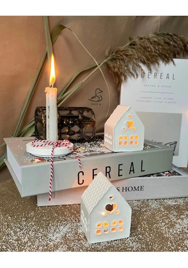 Çukur Kalp Ev Şeklinde Tealight Mumluk 2 Li 10-8 Cm Beyaz