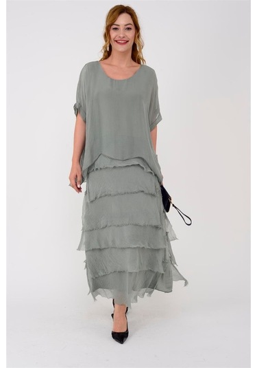 İtalyan 2 Beden İnce Gösteren Yarım Kol Kat Kat Ipek Elbise Açık Haki