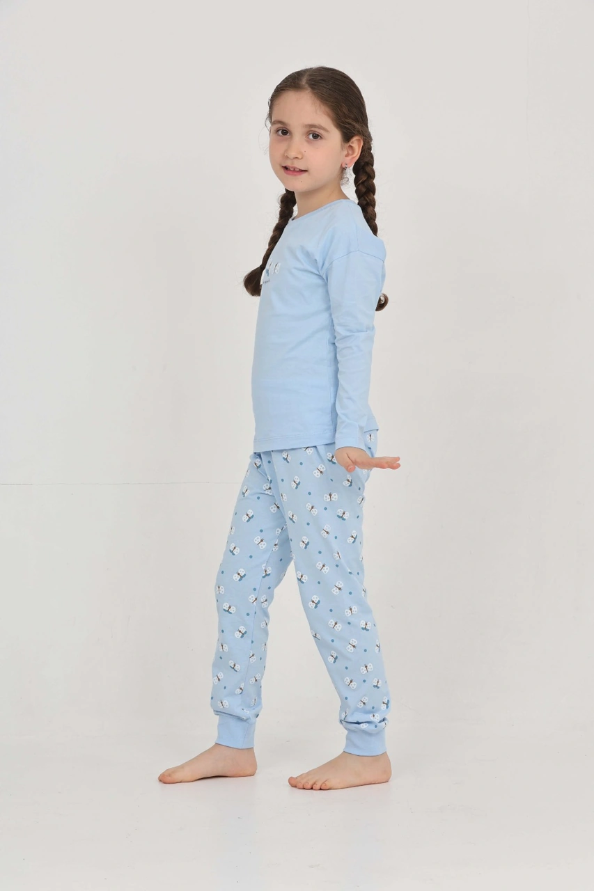 Toontoy Kız Çocuk Kelebek Baskılı Pijama Takım Mavi