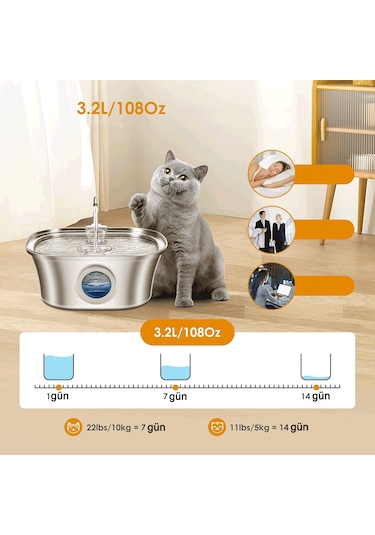 Ecronicword Paslanmaz Çelik Evcil Hayvan İçme Çeşmesi Kedi Köpek 3.2l W10