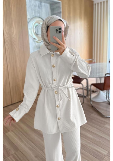 Gold Düğme Detaylı Fitilli Takım - Beyaz Beyaz
