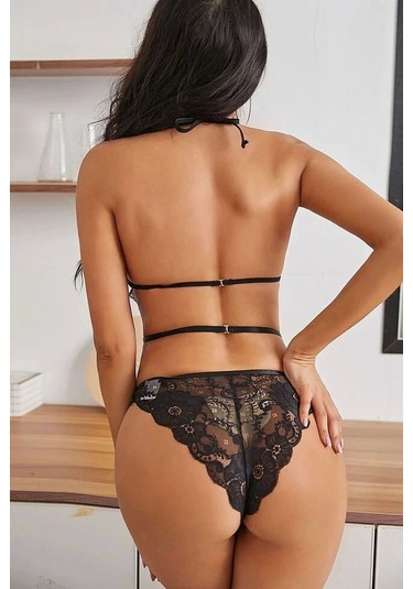 Kadın Siyah Dantel Çapraz İpli Bralet Sütyen Takım Siyah