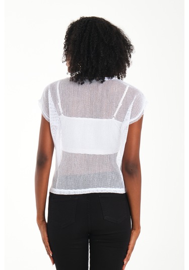 Uzun Kol Kare File Bluz Beyaz