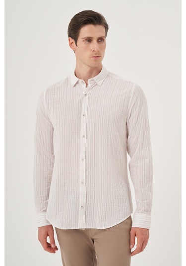 Morven Erkek Bej Keten Trend Dynamic Fit Britli Yaka Gömlek 25ys004022653 Bej Bej