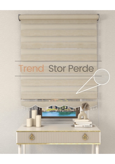 Sütlü Kahve Boncuklu Zebra Stor Güneşlik Perde Opak Sütlü Kahve