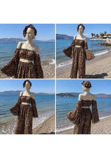 Na Addesıgn Leopar Desenli Şifon 3 Lü Plaj Takımı İspanyol Kol Crop Set Leopar