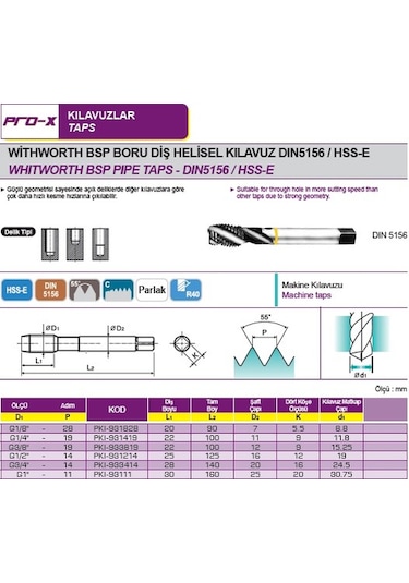 Pro-X G1-2" Gaz Diş Helisel Makine Kılavuzu - G1-2-14 - Dın5156