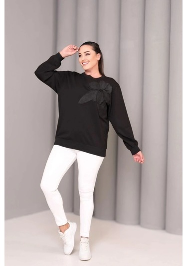 Çiçek Aplikeli Sweatshirt Siyah