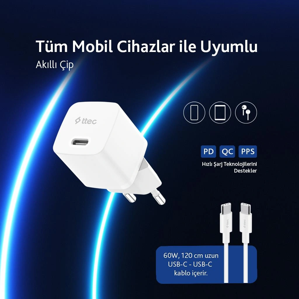Ttec Smartcharger 20w Pd Seyahat Hızlı Şarj Aleti + Usb-c - Usb-c 3a Kablo Beyaz 2scp01cb Universal