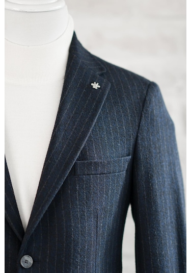 Slimfit Torba Cep Çizgili Mono Yaka Astarsız Çift Yırtmaç Likralı Kışlık Erkek Tek Ceket Lacivert