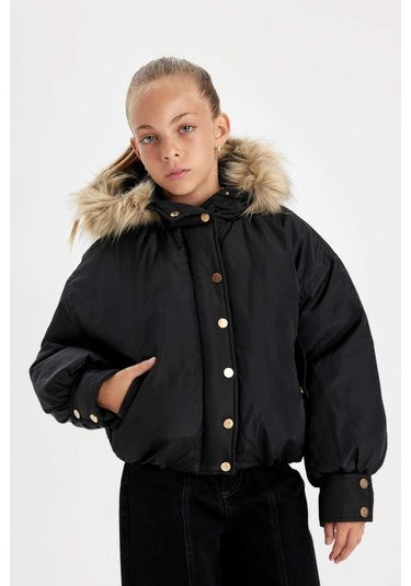 DeFacto Kız Çocuk Kapüşonlu Çıtçıt Kapamalı Fermuarlı Cepli Mont C5488A824WNBK27 Siyah