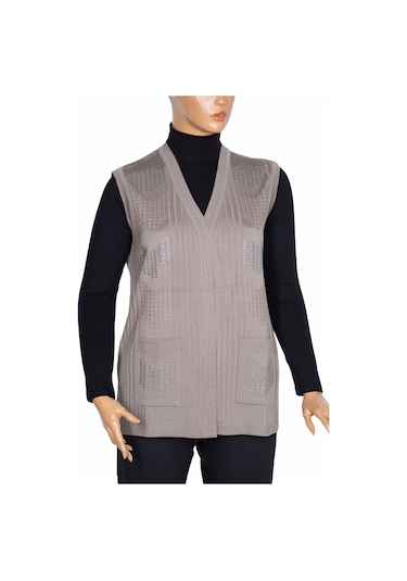 Hesna Kadın Nida Omuzu Cebi Taşlı Fitilli Triko Taş Rengi Yelek Taş