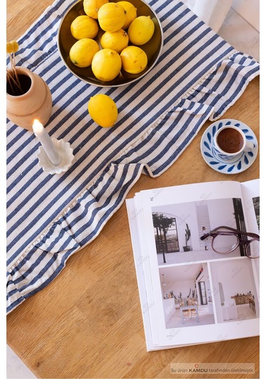 Mavi Çizgili 40x125 Cm Vintage Fırfırlı %100 Keten Pamuklu Amerikan Runner Bej