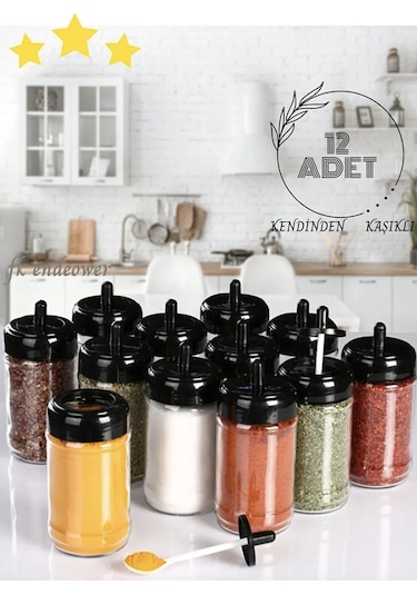 12 Adet Kapağı Kendinden Kaşıklı Baharatlık Seti - 300 ML Şeffaf