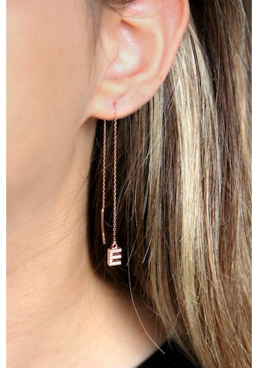 Argentum Concept E Harfi 925 Ayar Gümüş Rose Tek Zincir Küpe - K099301