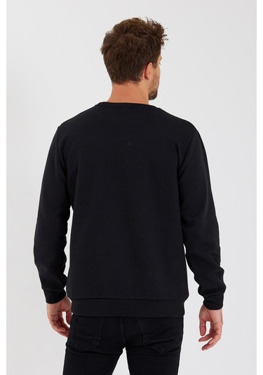 MMetalic Bisiklet Yaka Etiket Detayı İçi Pamuklu Erkek Sweatshirt Siyah