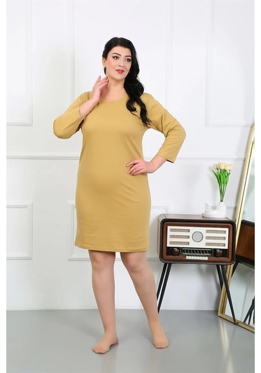 Giyim Kadın Büyük Beden Penye Gecelik Ev Elbisesi Hardal Hardal
