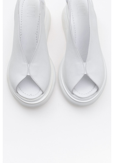 Sam Beyaz Cilt Hakiki Deri Kadın Dolgu Topuk Sandalet Beyaz