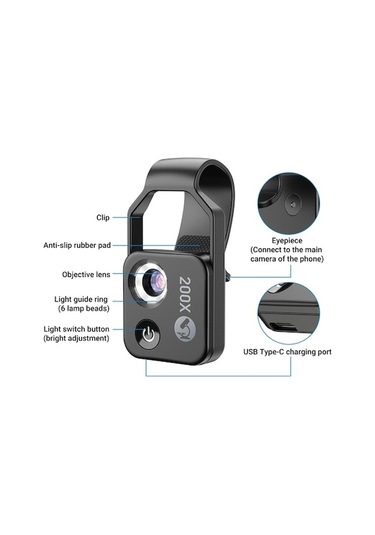 Novahub Taşınabilir 200x Mikroskop, 6 Led Işık, Usb Şarj, İos & Android Uyumlu, Kolay Kurulum, Hafif Tasarım
