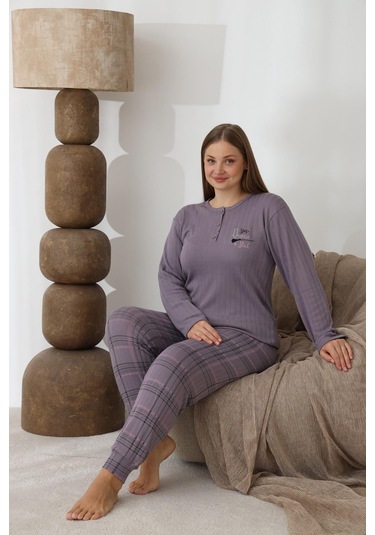 Lindros Kadın Pamuk'lu Düğme Yaka Raporlu İnterlok Kışlık Battal Pijama Takımı 0267 - 1 Adet Füme