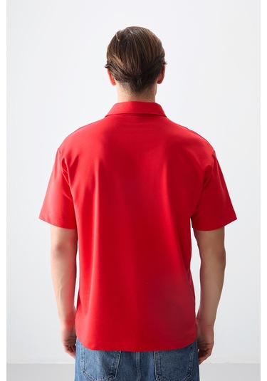 Tommy Life Fiesta Pamuklu Kalın Yumuşak Dokulu Polo Yaka Oversize Fit Basic Erkek T- Shirt - 88382 Kirmizi