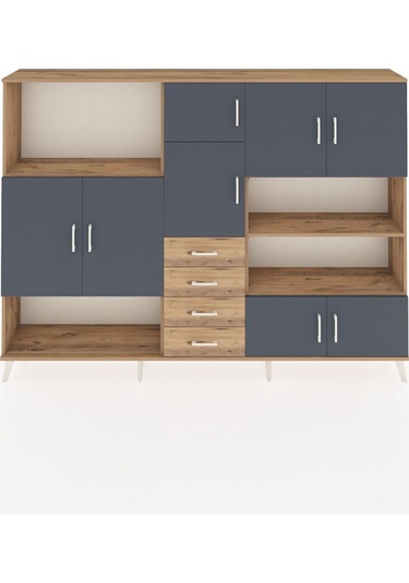 Arges Dolap 9 Raflı 4 Çekmeceli 8 Kapaklı 220x30x163 Çam-antrasit Çam-antrasit/çam