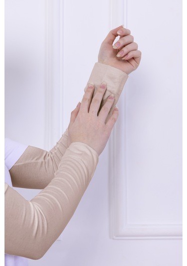 Likralı Penye Kolluk Açık Bej - Pratik Kadın Tesettür Düz Namaz Kolluğu 1 Çift 40cm Viskon Hijab Açık Bej