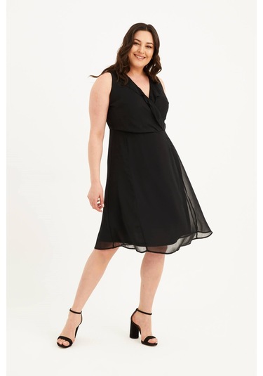 Çapraz Biyeli Astarlı Şifon Elbise-1576 Siyah
