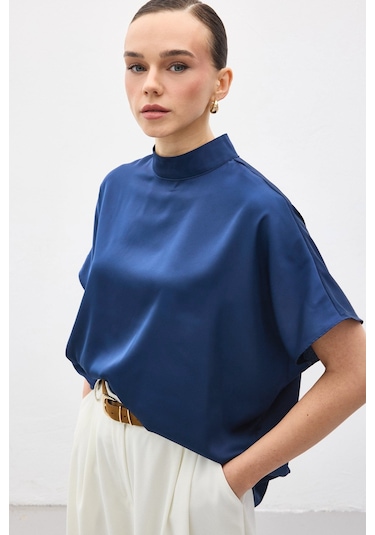 Sateen Yarasa Kol Salaş Bluz - İndigo-137383
