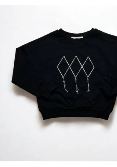 Kız Çocuk Mevsimlik Pamuklu İki İplik Zincirli Sweatshirt-15447 Siyah