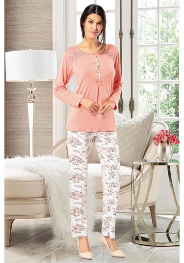 Faal 8602 Kadın Uzun Kollu Önden Düğmeli Pijama Takımı-somon SOMON