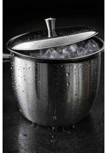 Kapaklı Termoslu Buz Kovası - Kulplu Paslanmaz Çelik Ice Bucket Gri