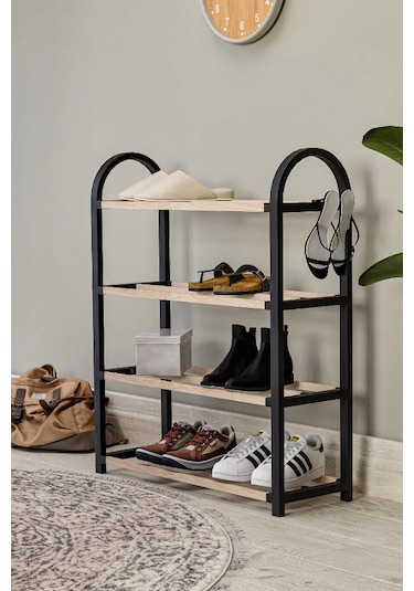 Midi Ahşap Çubuklu Ayakkabılık 4 Bölmeli Düzenleyici Raf Naturel Siyah