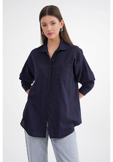 Mixray 4670 Kadın Cepli Oversize Basic Keten Gömlek Lacivert