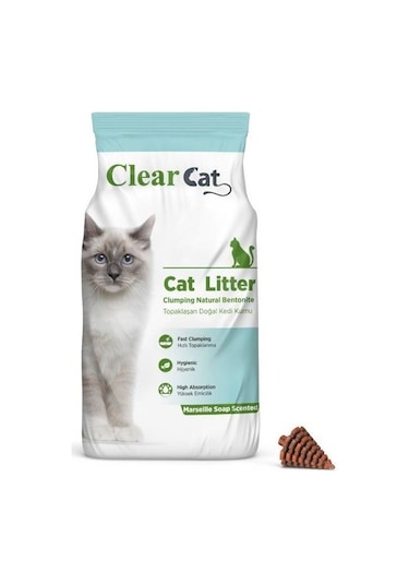 Clear Cat Marsilya Sabunu Kokulu İnce Topaklaşan Bentonit Kedi Kumu 10 KG