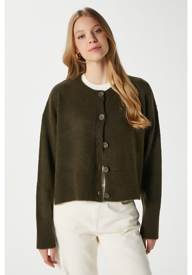 Kadın Keep Yan Yırtmaçlı Yumuşak Dokulu Haki Basic Triko Hırka 70145 Haki