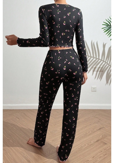 Merry See Baskılı Özel Kumaş Pijama Takımı Siyah
