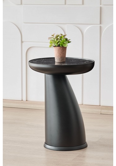 Altınaks Mobilya Elips Sehpa,tekli Sehpa,yan Sehpa,zigon Sehpa - Siyah Renk Gövde & Siyah Mermer Desenli Tabla